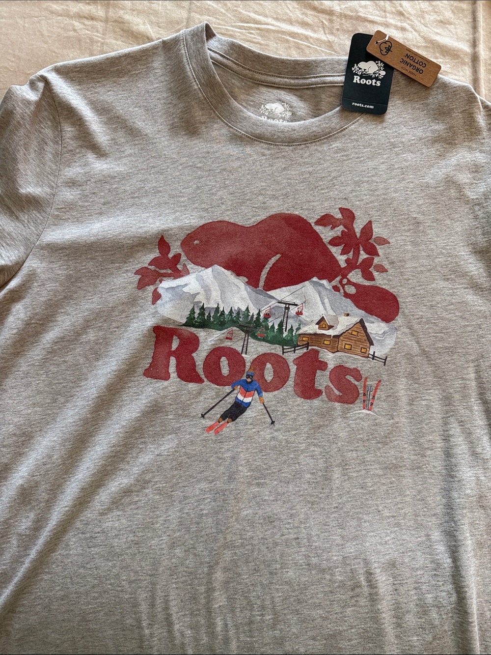 Roots Oatmeal color Tee with Red Mountain Ski Graphic